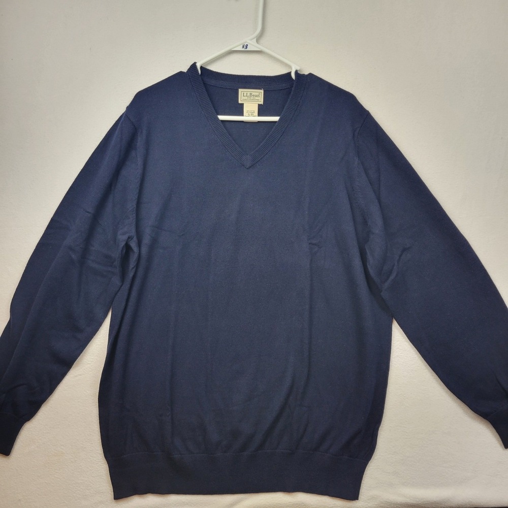 LL Bean Sweater Mens XL Navy Blue Cashmere Blend V-Neck Pullover Preppy NEW